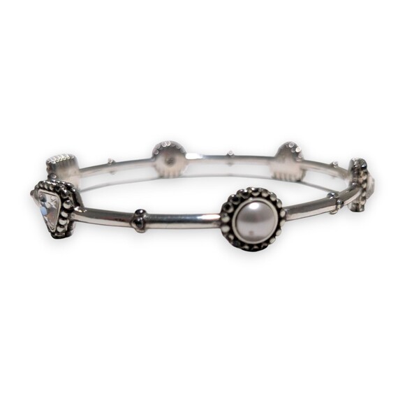 Brighton Silver Hinged Bangle Bracelet w/ Rhinestones Faux Pearls - Picture 1 of 6